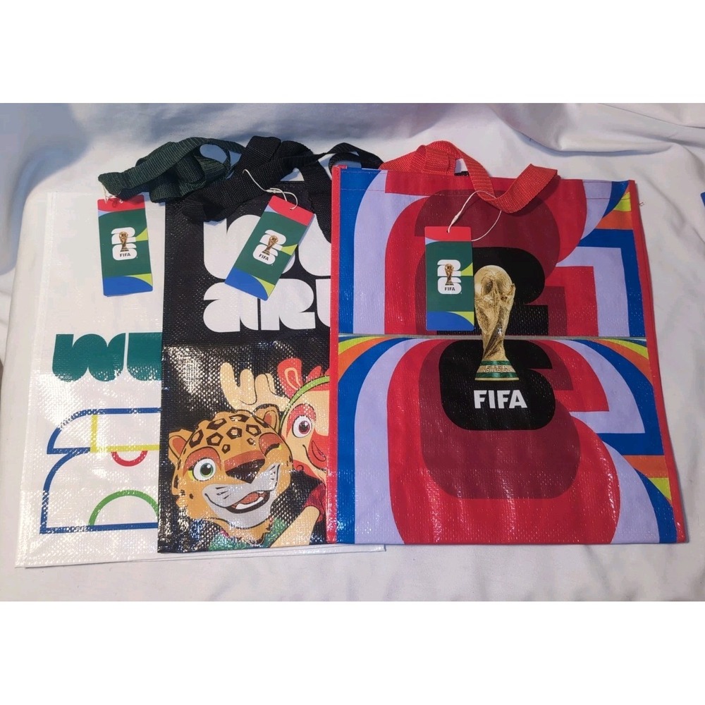 3x FIFA Large Multicolor Graphic Plastic Reusable Shopping Tote Bag 16"x14"